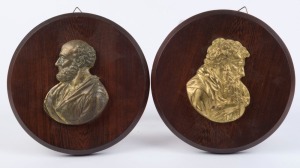 PLATO and SOCRATES pair of gilt metal profile plaques mounted on circular timber boards, 20th century, ​20cm diameter