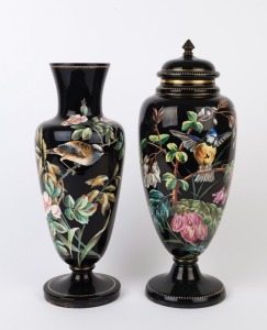 Two HARRACK antique Bohemian black glass vases with enamel decoration, 19th century, the larger 41cm high