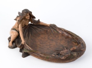 An Austrian Art Nouveau ceramic bowl with female nude, crab and fish, possibly by Goldscheider, circa 1900, 38cm wide