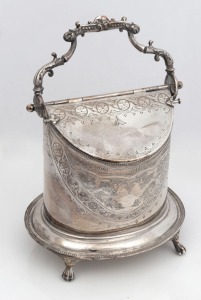 An antique English silver plated double sided biscuit barrel, 19th century, 28cm high