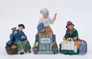 Three ROYAL DOULTON English porcelain statues titled "Thank You" (H.N.2732), "Tuppence A Bag" (H.N.2320_), and "Silks And Ribbons" (H.N.2017), the largest 21.5cm high
