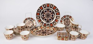 ROYAL CROWN DERBY English porcelain tea set for six with additional cake plates and box (23 pieces), red factory mark to base, the oval cake plate 29cm wide