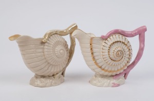 BELLEEK two antique Irish porcelain shell jugs, 19th century, early black factory mark to bases, 14cm high
