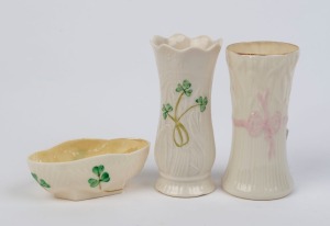 BELLEEK Irish porcelain condiment bowl and two posy vases, 19th and 20th century, (3 items), black and blue factory marks, the largest 10.5cm high