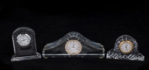 WATERFORD: Three Irish crystal table clocks, 20th century, acid etched factory marks, the largest 17cm wide