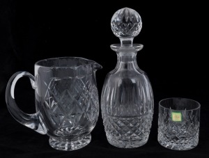 WATERFORD Irish crystal decanter, water jug and single tumbler, 20th century, (3 items), the decanter 27cm high