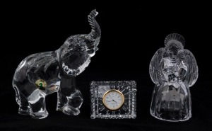 Crystal clock, Waterford crystal elephant and a Mikasa angel, 20th century, (3 items), the largest 17cm high