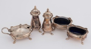English sterling silver condiments, early 20th century, (5 items), the pepper pots 8cm high, 232 grams total silver weight