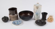 WEDGWOOD Basalt ware porcelain vase and ashtray, ceramic bowl, studio pottery vase, Chamberlains Worcester vase, bronze pot, porcelain dish and German porcelain vase, 19th and 20th century, (8 items), the largest 23cm high