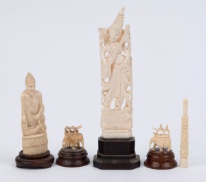 Four assorted Indian and Persian ivory carvings together with a Chinese carved ivory cigarette holder, 19th and 20th century, ​the largest 19cm high overall