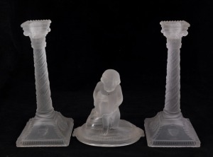 BACCARAT French frosted crystal statue, together with a pair of candlesticks, 19th century, 17cm and 26cm high