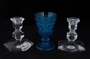 VAL ST. LAMBERT pair of French crystal candlesticks together with a blue pressed glass goblet, 19th and 20th century, (3 items), 12cm and 14cm high