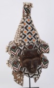 A fine African double sided face mask, carved wood, natural woven fibre, shell and beads, Lele Tribe, Democratic Republic of Congo, with stand, ​57cm high - 3