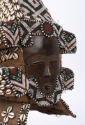 A fine African double sided face mask, carved wood, natural woven fibre, shell and beads, Lele Tribe, Democratic Republic of Congo, with stand, ​57cm high - 5