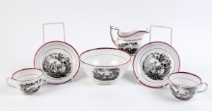 BAT PRINT antique English porcelain tea ware comprising a milk jug, sugar bowl and two cups and saucers, circa 1810, (6 pieces), the saucers 14.5cm diameter