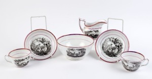 BAT PRINT antique English porcelain tea ware comprising a milk jug, sugar bowl and two cups and saucers, circa 1810, (6 pieces), ​the saucers 14.5cm diameter
