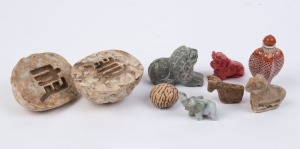 Chinese porcelain scent bottle, carved coral lion and assorted stone ornaments, 19th and 20th century, (8 items), ​the bottles 8cm high