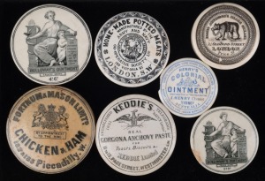 POT LIDS: Seven assorted antique Pratt ware pot lids including "JAMES ATKINSON'S BEAR GREASE", "HOLLOWAY'S OINTMENT", "HENRY'S COLONIAL OINTMENT, SYDNEY, AUSTRALIA" plus others, 19th century, (7 items), the largest 10.5cm diameter