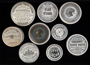 POT LIDS: Collection of nine lids (one with pot) including "COLD CREAM" and assorted toothpastes, 19th century, (9 items), the largest 9.5cm diameter