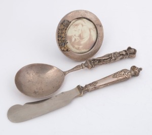 An English sterling silver picture frame, an apostle style serving spoon and an antique knife, 19th and 20th century, (3 items), the spoon 18cm long