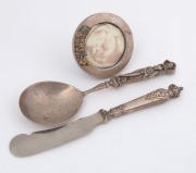 An English sterling silver picture frame, an apostle style serving spoon and an antique knife, 19th and 20th century, (3 items), ​the spoon 18cm long