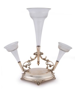 An antique English silver plated epergne with finely cut crystal trumpets, by WALKER HALL, circa 1900, ​37.5cm high
