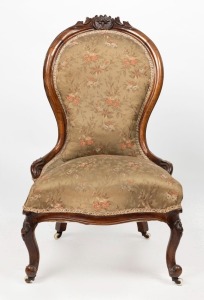 An antique English parlour chair, carved walnut with floral olive green silk upholstery, 19th century, ​94cm high, 55cm wide
