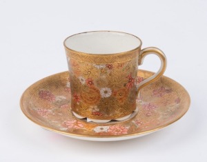 SATSUMA Japanese ceramic cup and saucer, Meiji period, (2 items), impressed Kinkozan mark, the saucer 10.5cm diameter