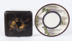 SATSUMA Japanese ceramic saucer with wisteria decoration, Meiji period with Kinkozan mark to base; together with a Japanese cigarette case with burnished gold dragon decoration, early 20th century, (2 items), the saucer 11cm diameter