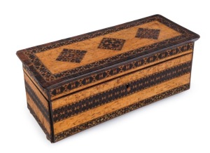 An exceptional Tunbridge ware lace maker's box with drop-front spindle and compartments, a fine and early example most likely from the workshop of JAMES BURROWS, circa 1820, 12cm high, 29cm wide, 12cm deep. PROVENANCE: The Jason E. Sprague Collection, Me