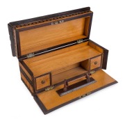 An exceptional Tunbridge ware lace maker's box with drop-front spindle and compartments, a fine and early example most likely from the workshop of JAMES BURROWS, circa 1820, 12cm high, 29cm wide, 12cm deep. PROVENANCE: The Jason E. Sprague Collection, Me - 2