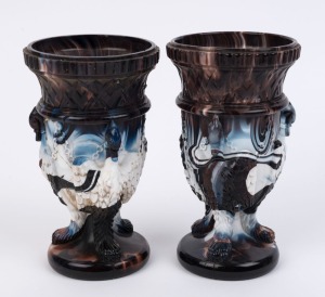 A pair of antique end of day slag glass vases, 19th century, one with antique rivet repair, 17.5cm high