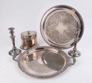 A pair of silver plated candlesticks, two silver plated trays and a biscuit barrel, 19th and 20th century, (5 items), the larger tray 51cm across the handles