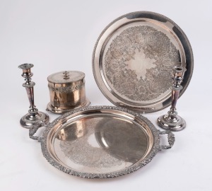 A pair of silver plated candlesticks, two silver plated trays and a biscuit barrel, 19th and 20th century, (5 items), ​the larger tray 51cm across the handles