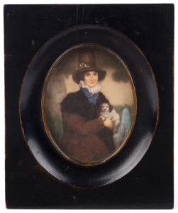 Antique hand-painted miniature portrait of a Welsh lady with corgi, 19th century, ​14 x 11.5cm overall