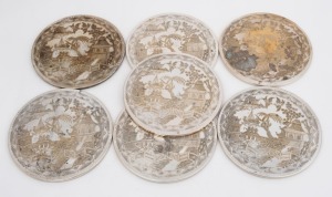Set of six silver plated placemats with engraved chinoiserie design, 20th century, 15.5cm diameter