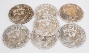 Set of six silver plated placemats with engraved chinoiserie design, 20th century, ​15.5cm diameter