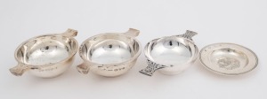 Three sterling silver quaichs and a galleon dish, 20th century, the largest 12.5cm wide, 215 grams total