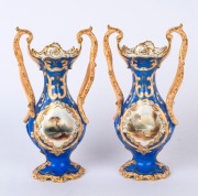 ROCKINGHAM fine pair of antique English porcelain vases with hand-painted floral vignettes and landscape scenes on the reverse, circa 1830, ​26cm high - 2