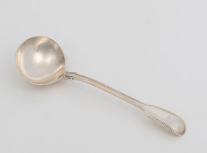An antique sterling silver "Fiddle & Thread" ladle by George Angel of London, circa 1847, 18.5cm long, 60 grams