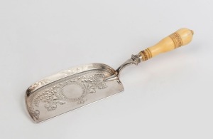 An antique English silver plated crumb tray with finely carved ivory handle, 19th century, 32cm long