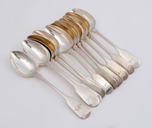 Set of 11 Georgian sterling silver fiddle pattern spoons by Henry Holland of London, circa 1828 and 1836, 15cm long, 262 grams total