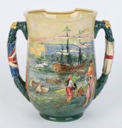 ROYAL DOULTON "Captain Cook" loving cup by Charles Noke, numbered 14/350, with "Scroll Of Fame", factory mark to base, 25cm high, 25cm wide. - 3