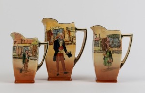 ROYAL DOULTON "Dickens Ware" set of three graduated porcelain jugs including Tom Pinch, Little Nell and Poor Jo, black factory marks to the bases, the largest 16.5cm high