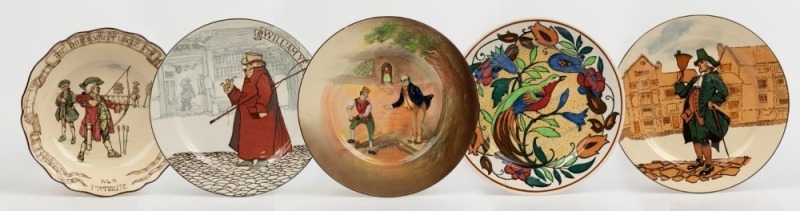 ROYAL DOULTON "The Divisions Of Uncle Toby" porcelain bowl together with four assorted Royal Doulton plates, (5 items), factory marks to the bases, ​the bowl 24cm diameter