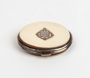 An antique pocket coin purse, silver and ivory with blue silk compartmented interior, 19th century, ​5.5cm wide