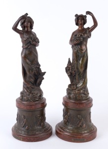 A pair of antique French female statues, cast and patinated spelter with faux rouge marble plinth, circa1900, ​40cm high