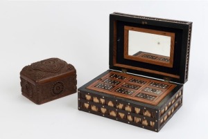 A Ceylonese porcupine quill work box, together with an Indian carved timber cigarette box, 19th and early 20th century, the quill box 11.5cm high, 27.5cm wide, 19.5cm deep