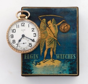 ELGIN vintage pocket watch in 10ct rolled gold case, with original lithographed card box, early 20th century, ​6cm high overall