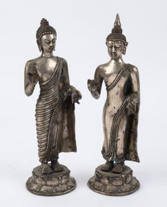 A pair of Thai silvered bronze standing Buddha statues, 20th century, ​34cm and 35cm high